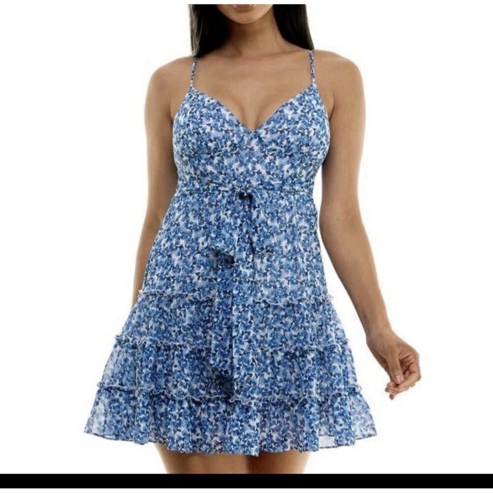 B. Darlin Women's Blue Floral Sundress Spaghetti Strap Ruffled Size 11/12 NWT